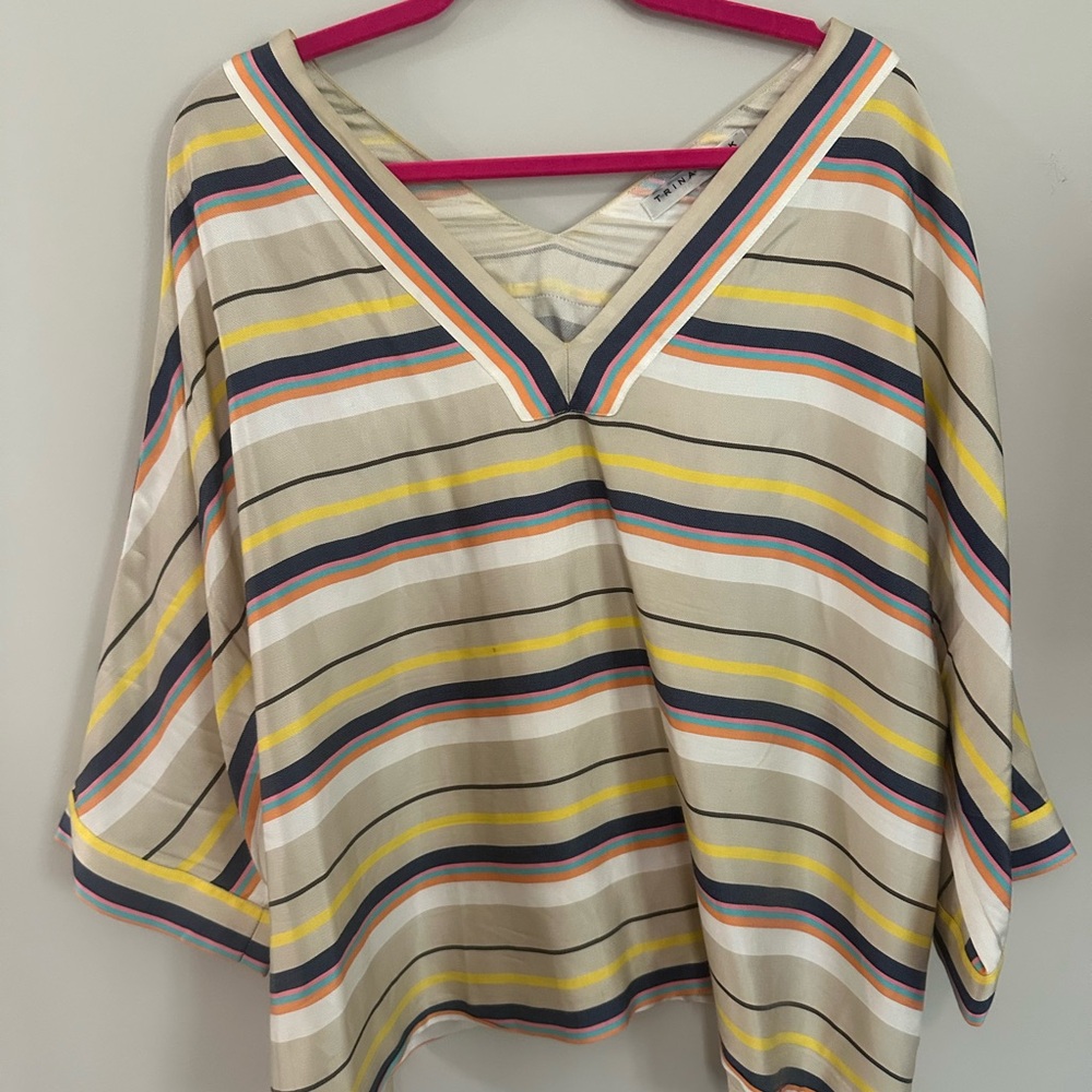 Trina Turk silky Striped V-Neck Women's Top Blouse boutique XL navy yellow tan